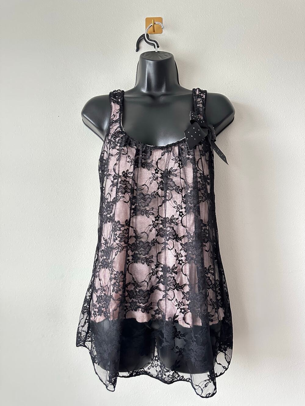 Y2K Black Lace Pink Babydoll Cami Top Rhinestone Bow Coquette Lingerie M